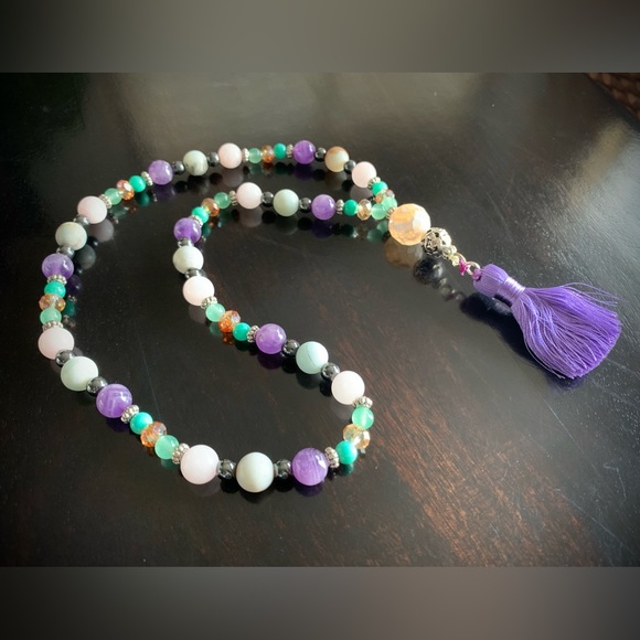 Mala Prayer Bead Necklace 14" with matching stretchy bead bracelet - Picture 2 of 8